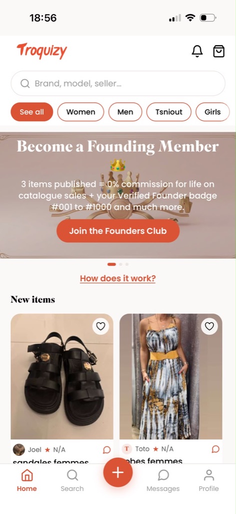 Troquizy app home screen: search bar, Women, Men and Tzniut filters, and second-hand items for sale.