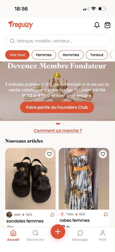 Écran d'accueil de l'application Troquizy : recherche, filtres Femmes, Hommes, Tsniout et articles de seconde main à vendre.